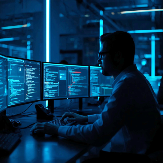  IT security engineer monitoring multiple screens in a network operations center providing complete managed IT and cybersecurity services 